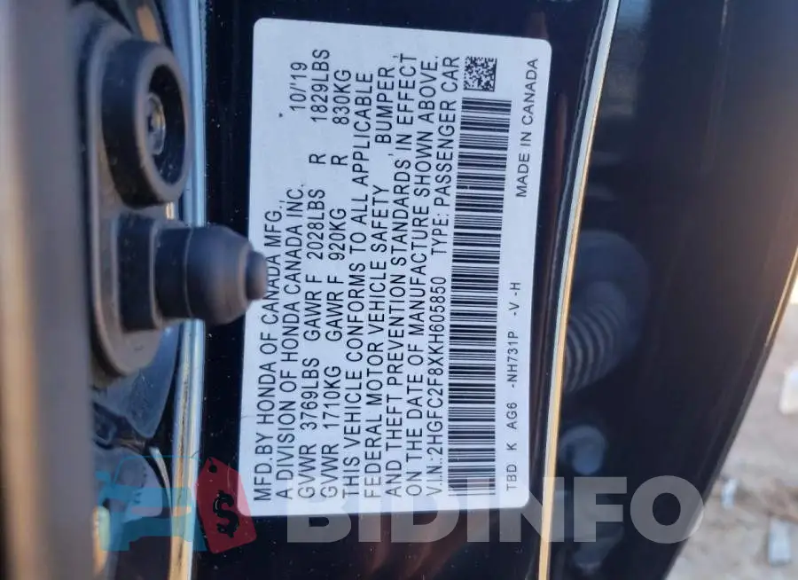 2HGFC2F8XKH605850 Photo# 12