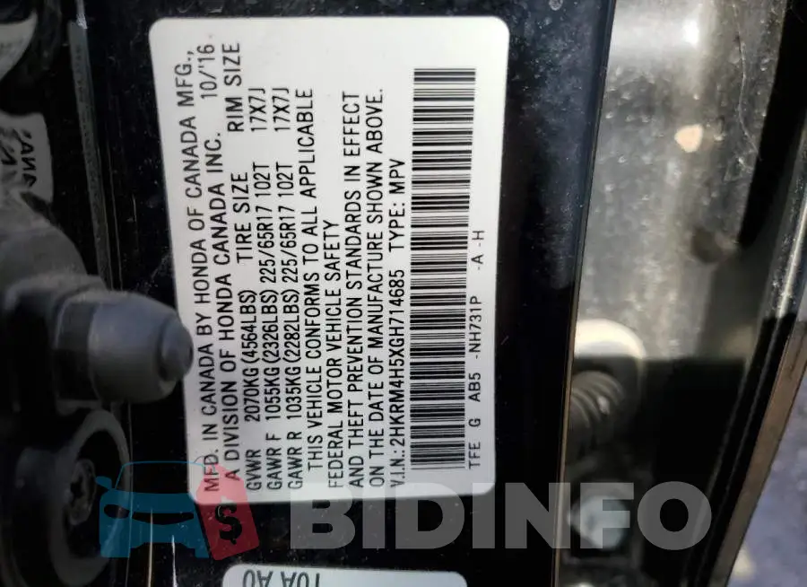 2HKRM4H5XGH714685 Photo# 14