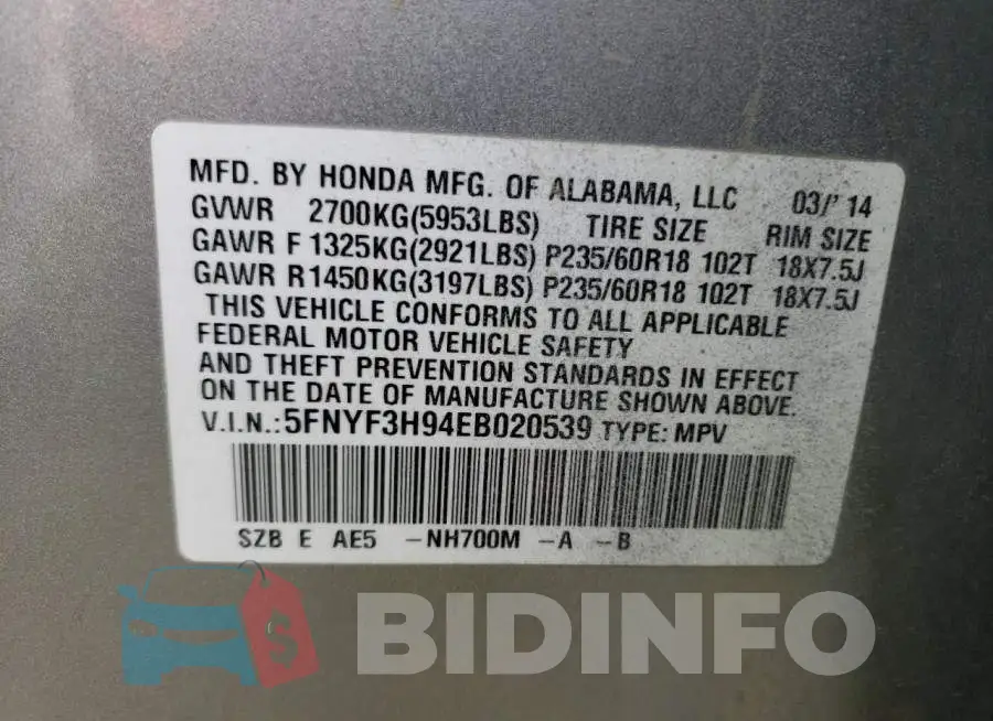 5FNYF3H94EB020539 Photo# 13