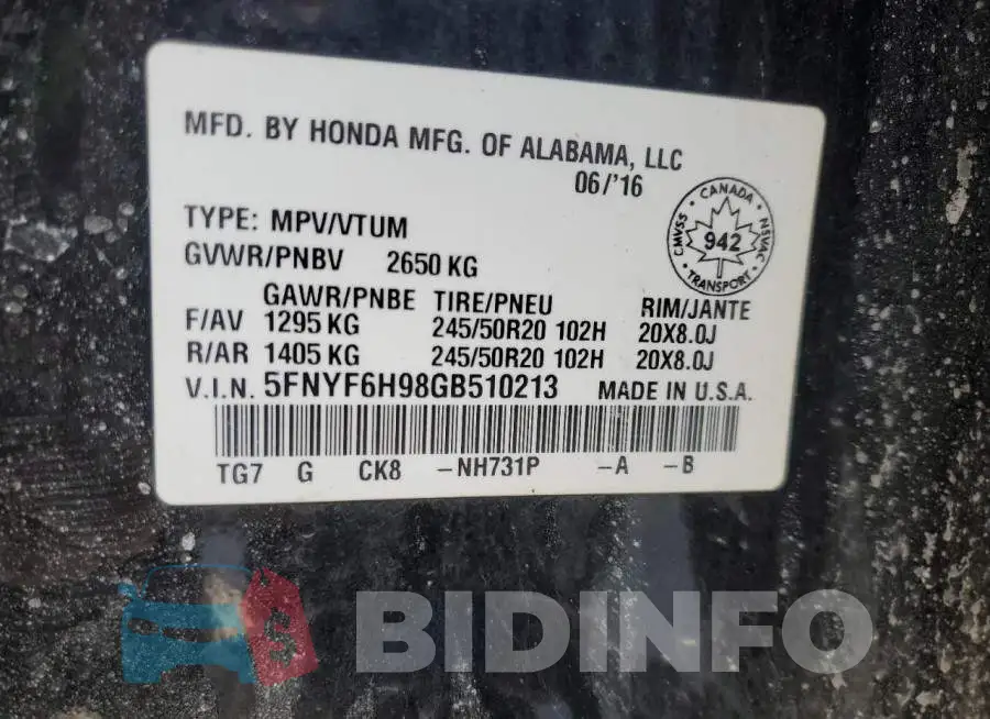 5FNYF6H98GB510213 Photo# 14
