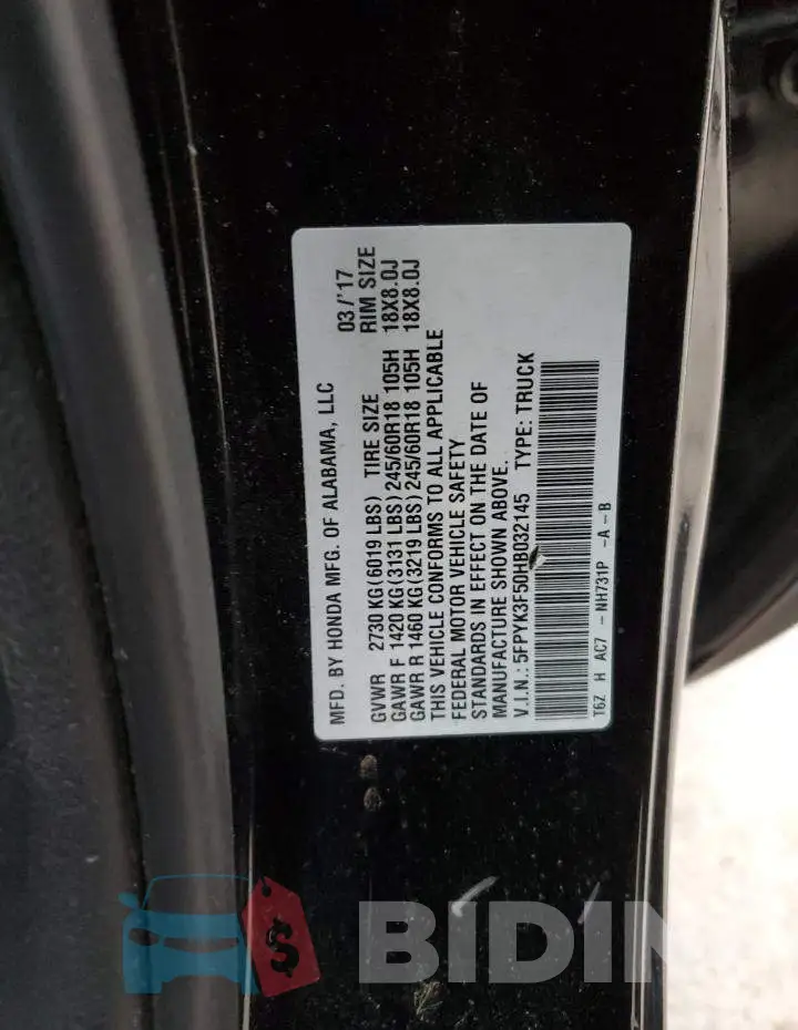 5FPYK3F50HB032145 Photo# 13