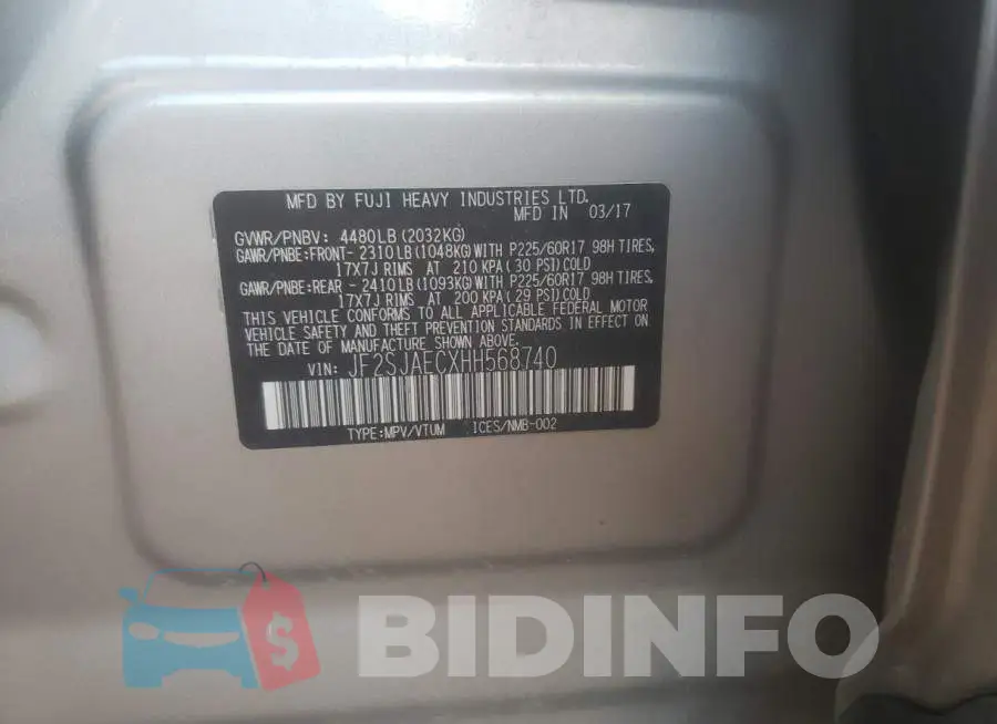 JF2SJAECXHH568740 Photo# 12