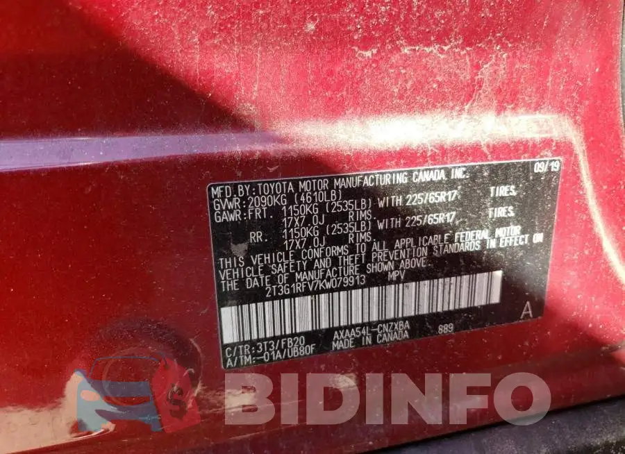 2T3G1RFV7KW079913 Photo# 12