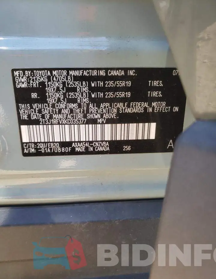 2T3J1RFVXKC035377 Photo# 14