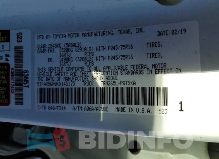 5TFAX5GN0KX145175 Photo# 12