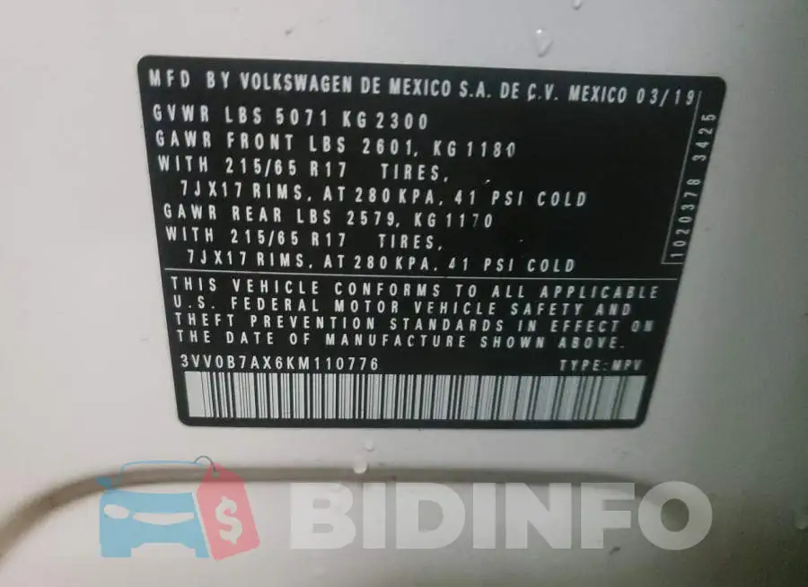 3VV0B7AX6KM110776 Photo# 13