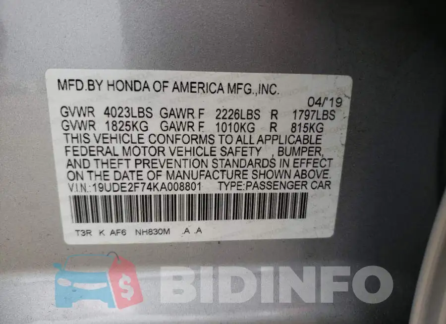 19UDE2F74KA008801 Photo# 12