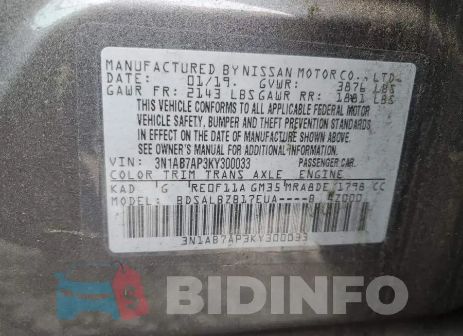 3N1AB7AP3KY300033 Photo# 12