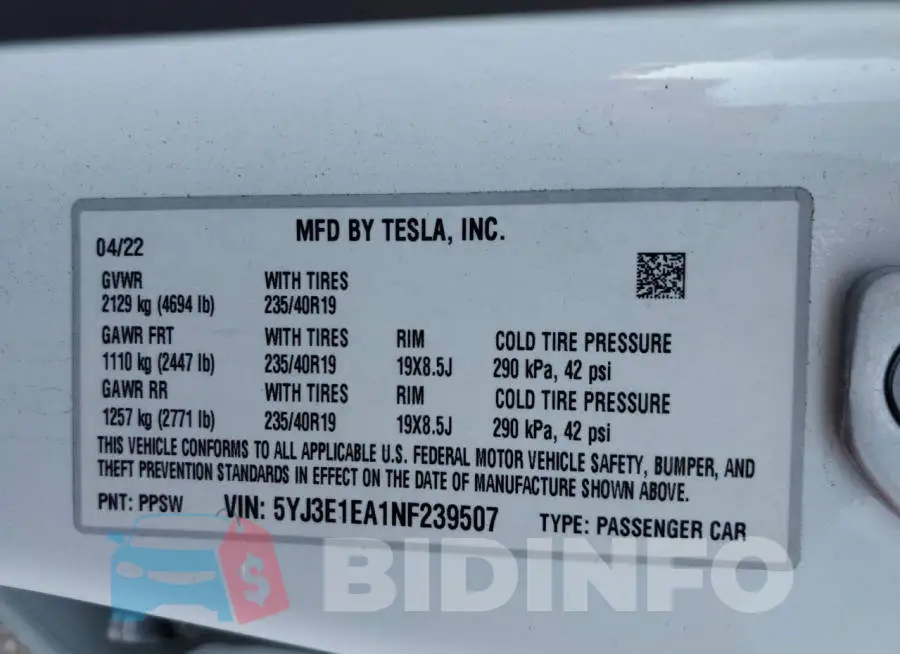 5YJ3E1EA1NF239507 Photo# 12