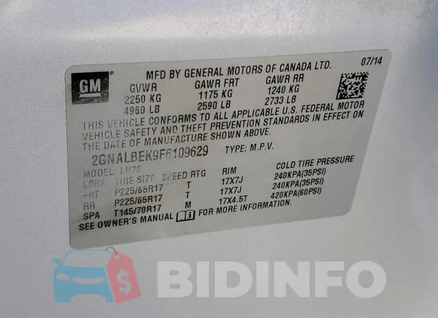 2GNALBEK9F6109629 Photo# 14