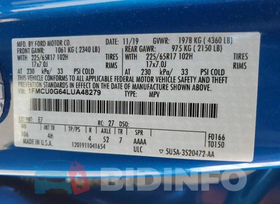 1FMCU0G64LUA48279 Photo# 13