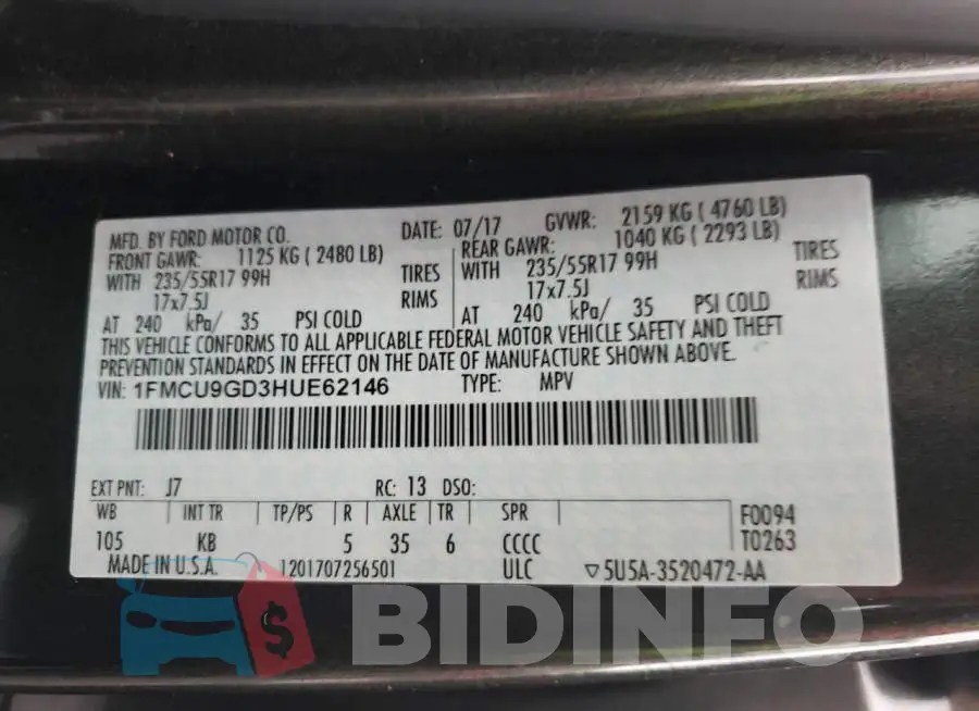 1FMCU9GD3HUE62146 Photo# 12