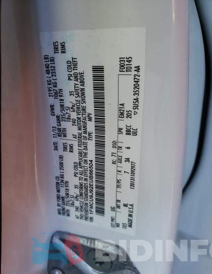 1FMCU9J92EUB66504 Photo# 14