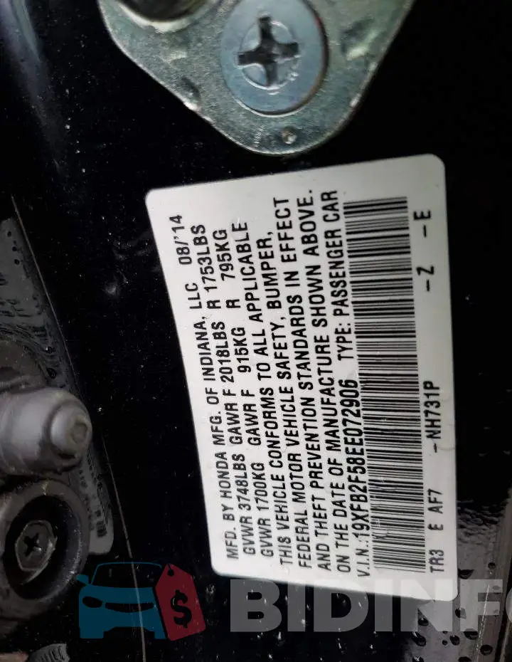 19XFB2F58EE072906 Photo# 12