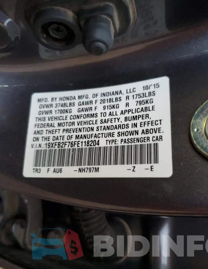 19XFB2F76FE118204 Photo# 13