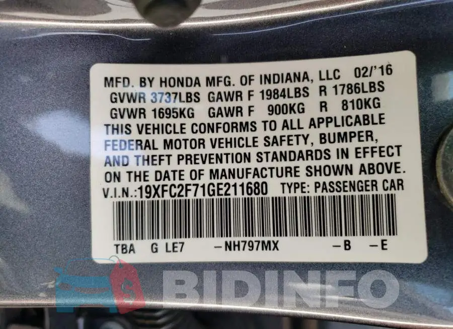 19XFC2F71GE211680 Photo# 12
