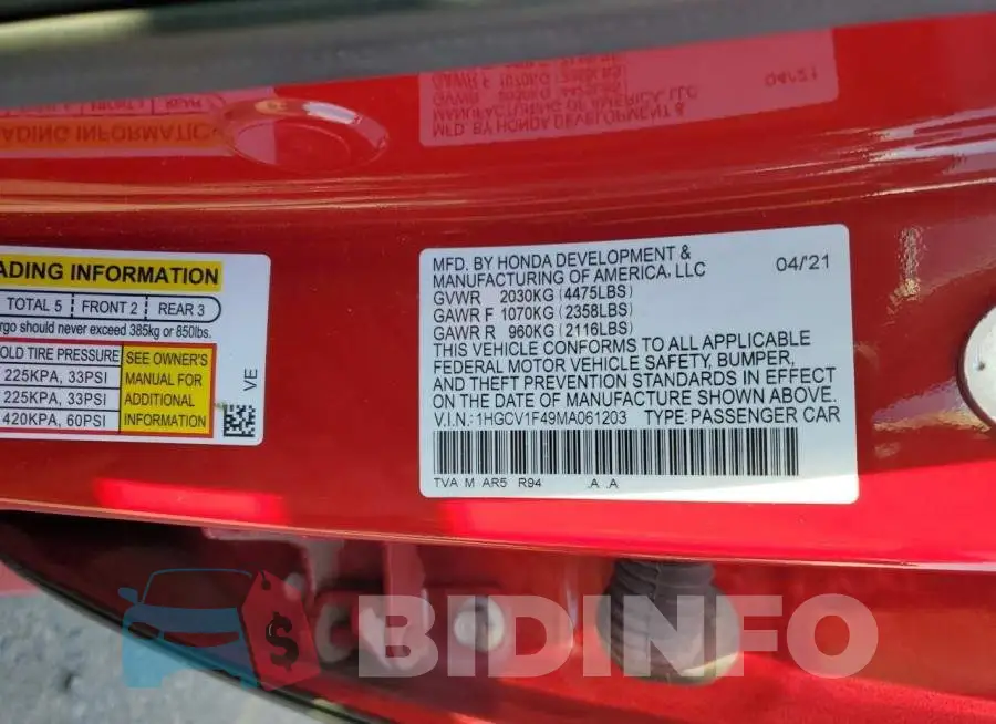 1HGCV1F49MA061203 Photo# 12