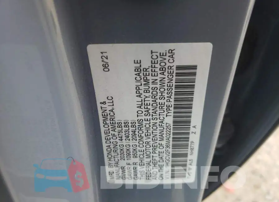 1HGCV2F36MA022257 Photo# 12