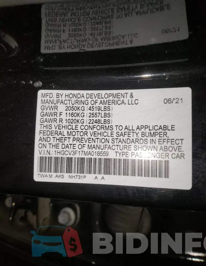 1HGCV3F17MA018559 Photo# 12