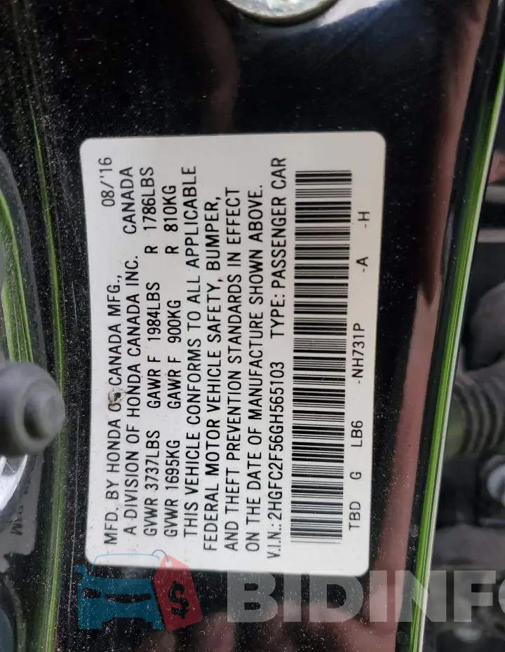 2HGFC2F56GH565103 Photo# 12