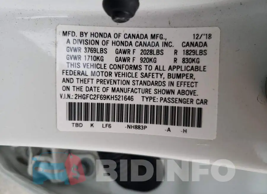 2HGFC2F69KH521646 Photo# 12