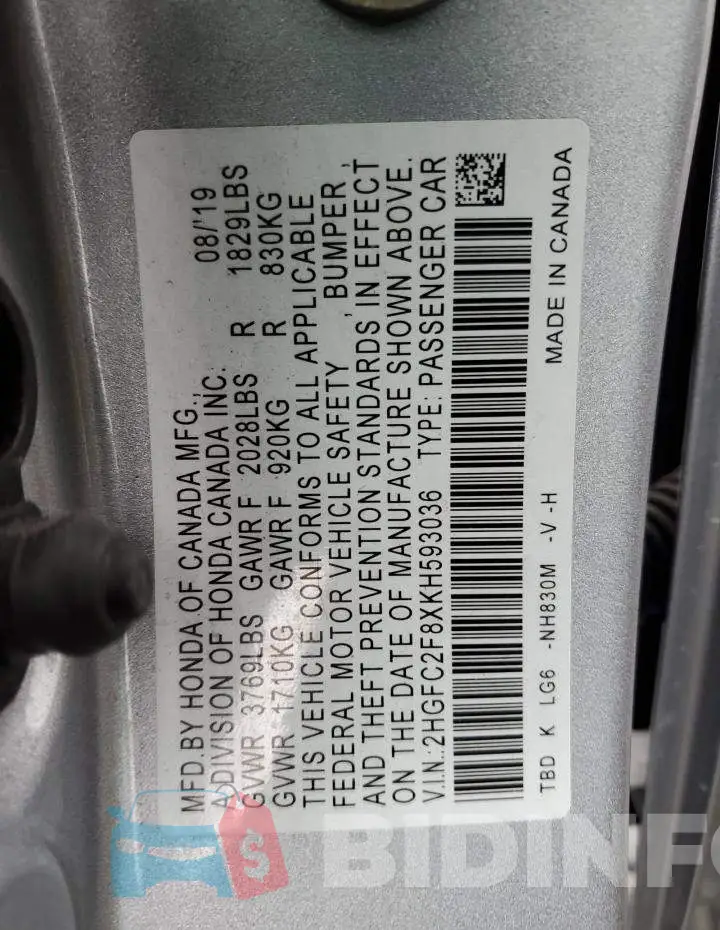 2HGFC2F8XKH593036 Photo# 13