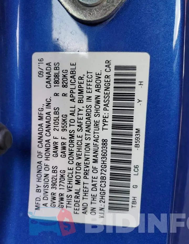 2HGFC3B72GH360388 Photo# 12
