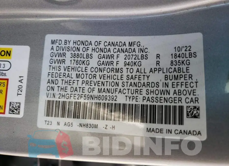 2HGFE2F59NH609392 Photo# 12