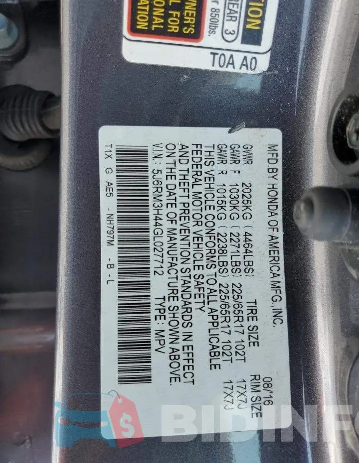 5J6RM3H44GL027712 Photo# 12