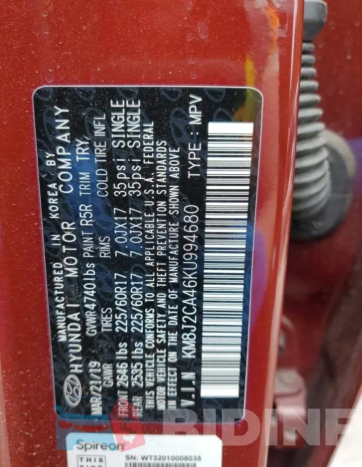 KM8J2CA46KU994680 Photo# 13