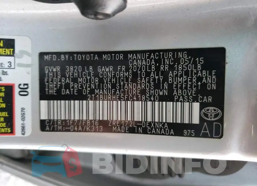 2T1BURHE5FC418540 Photo# 13