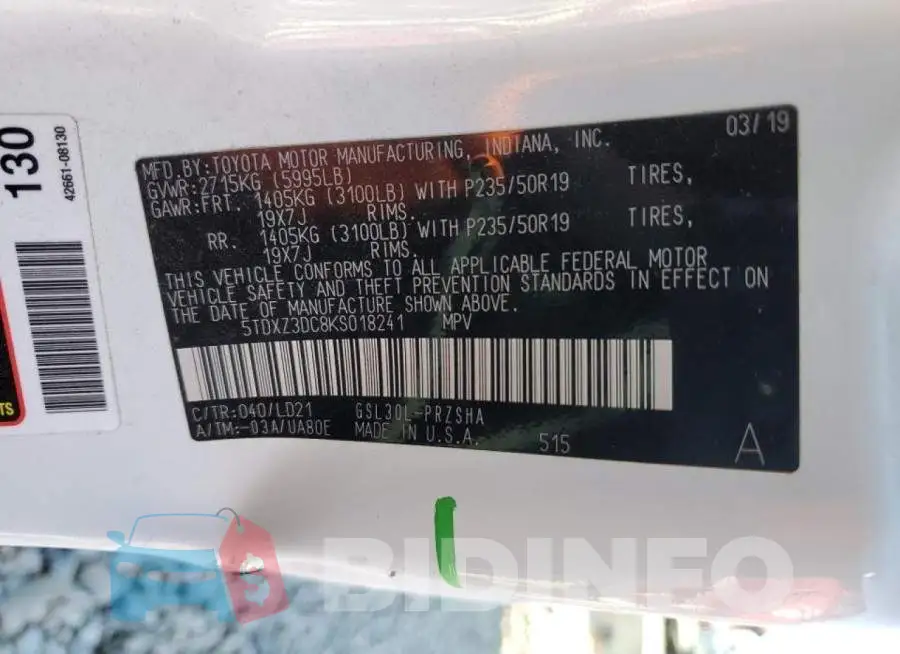 5TDXZ3DC8KS018241 Photo# 14