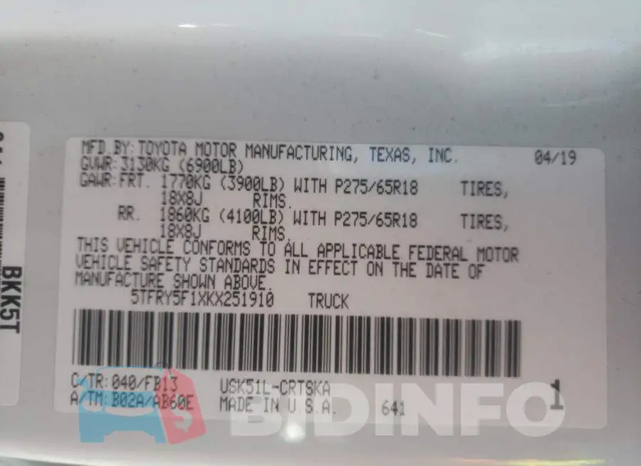 5TFRY5F1XKX251910 Photo# 10