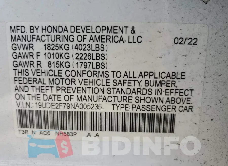 19UDE2F79NA005235 Photo# 12