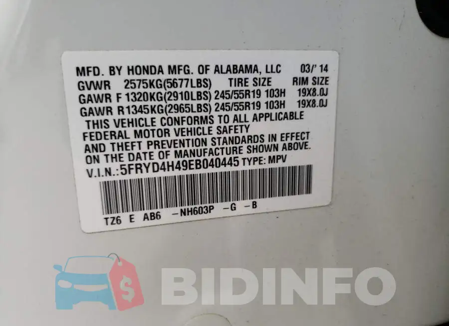5FRYD4H49EB040445 Photo# 13