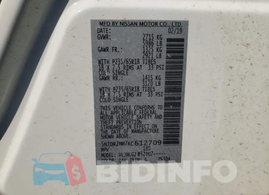 5N1DR2MM7KC612709 Photo# 12
