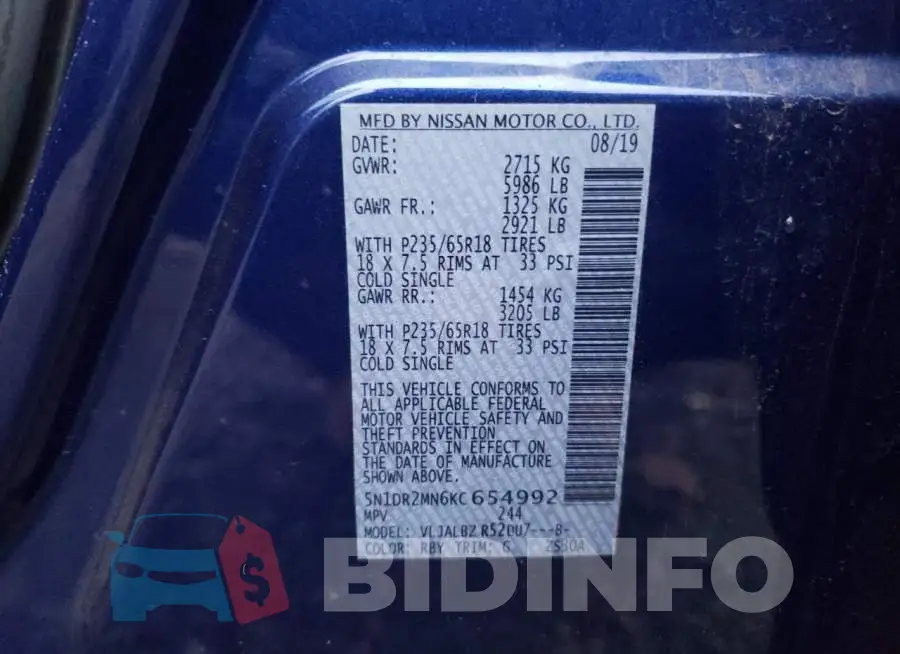 5N1DR2MN6KC654992 Photo# 13