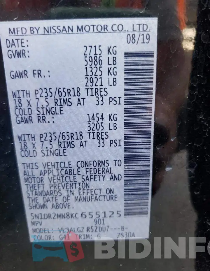 5N1DR2MN8KC655125 Photo# 10