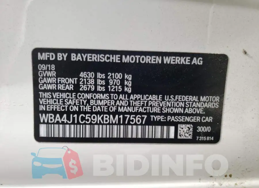 WBA4J1C59KBM17567 Photo# 12