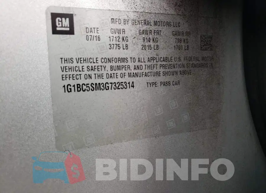 1G1BC5SM3G7325314 Photo# 10