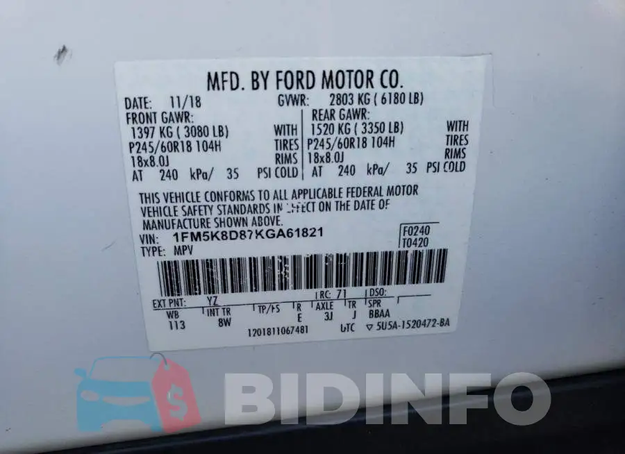 1FM5K8D87KGA61821 Photo# 14