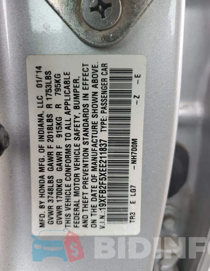 19XFB2F5XEE211837 Photo# 10