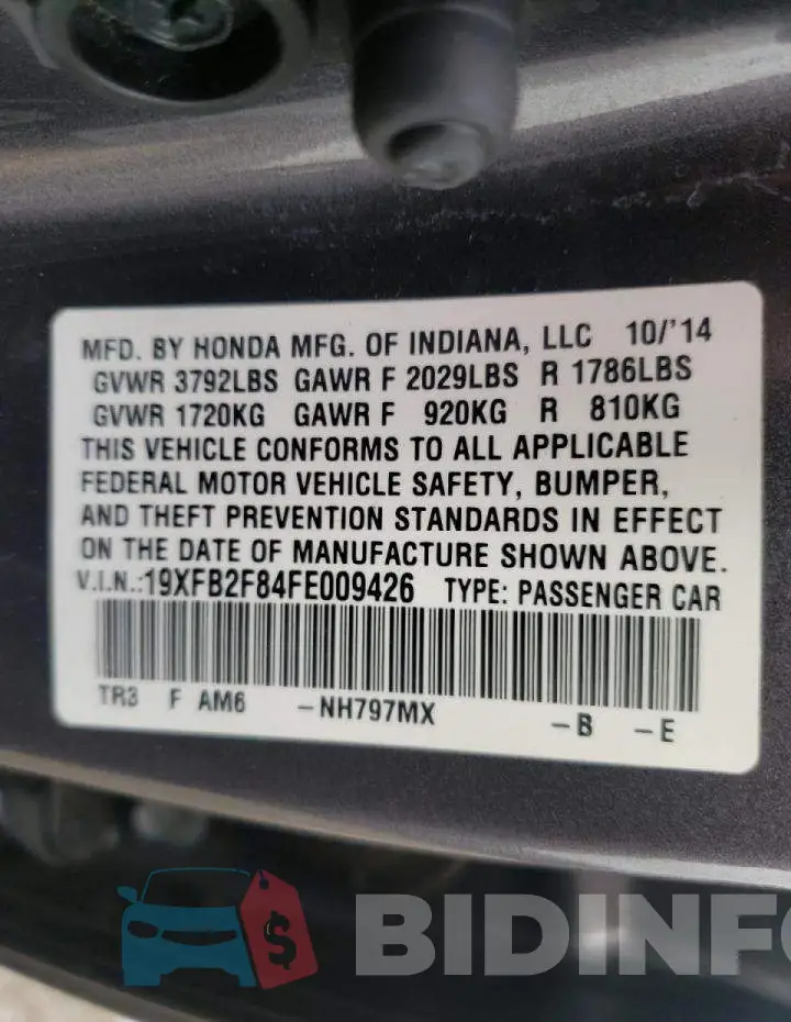 19XFB2F84FE009426 Photo# 12