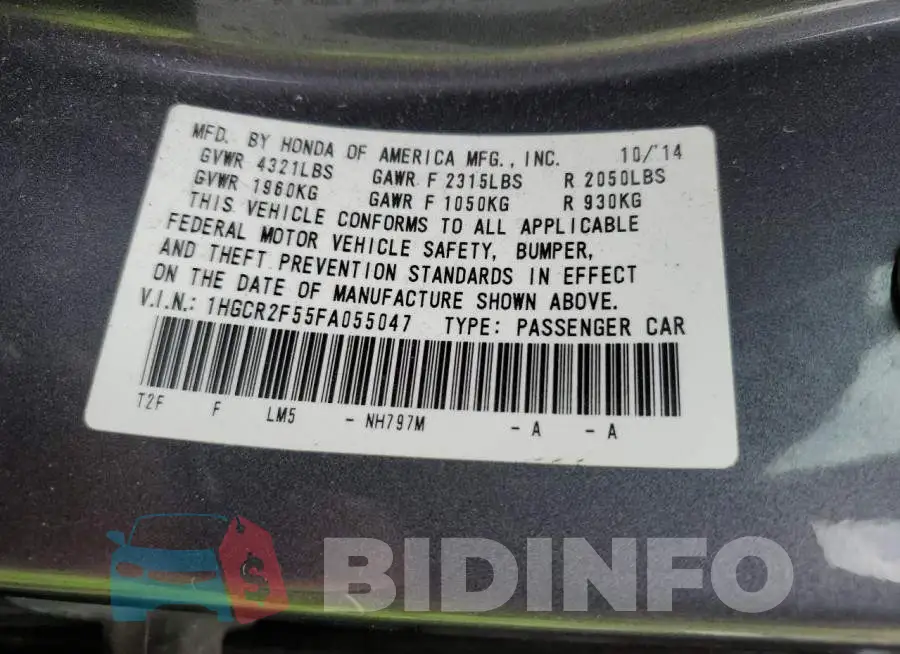 1HGCR2F55FA055047 Photo# 12