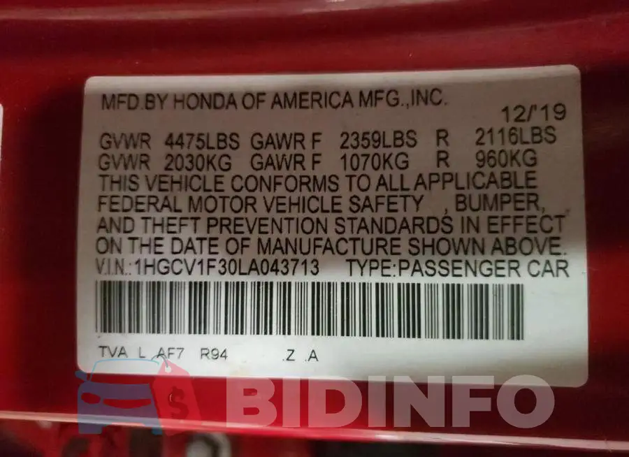 1HGCV1F30LA043713 Photo# 10