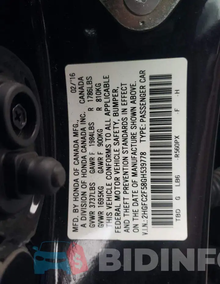 2HGFC2F58GH539778 Photo# 12