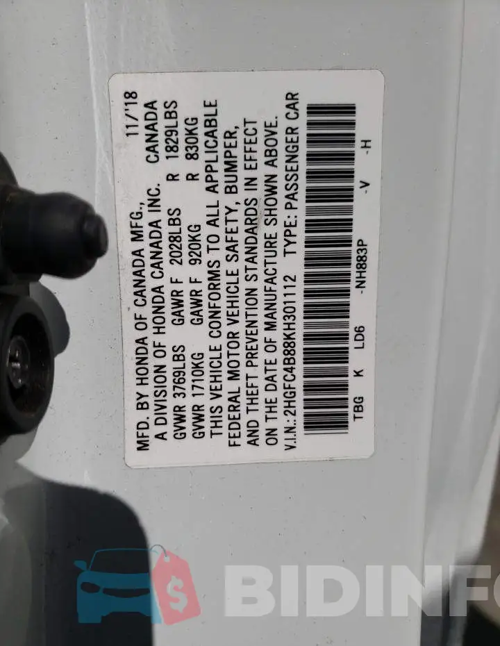 2HGFC4B88KH301112 Photo# 12