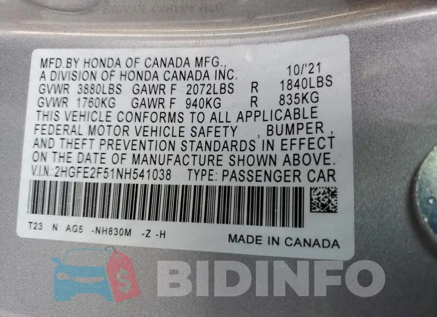 2HGFE2F51NH541038 Photo# 12