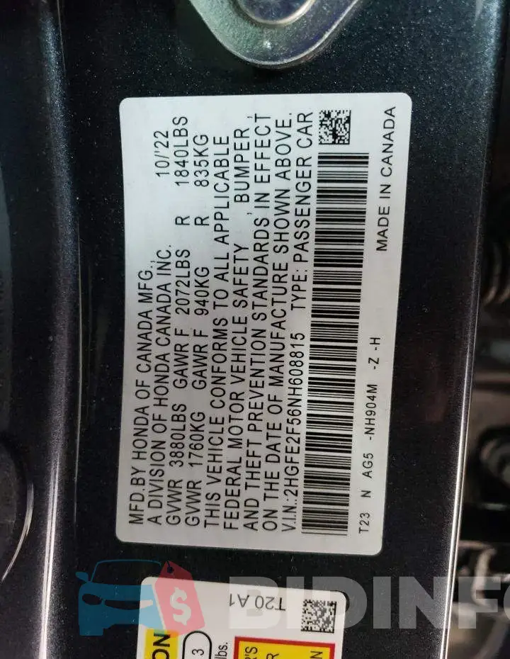 2HGFE2F56NH608815 Photo# 13