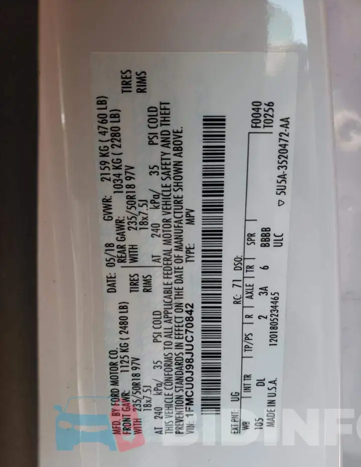 1FMCU0J98JUC70842 Photo# 13